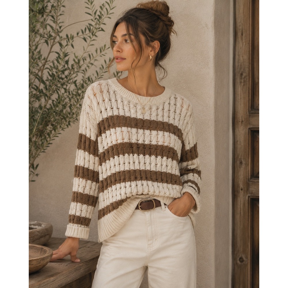 Pilcro Anthropologie Womens XXS Striped Cable Open Knit Pullover Sweater Brown